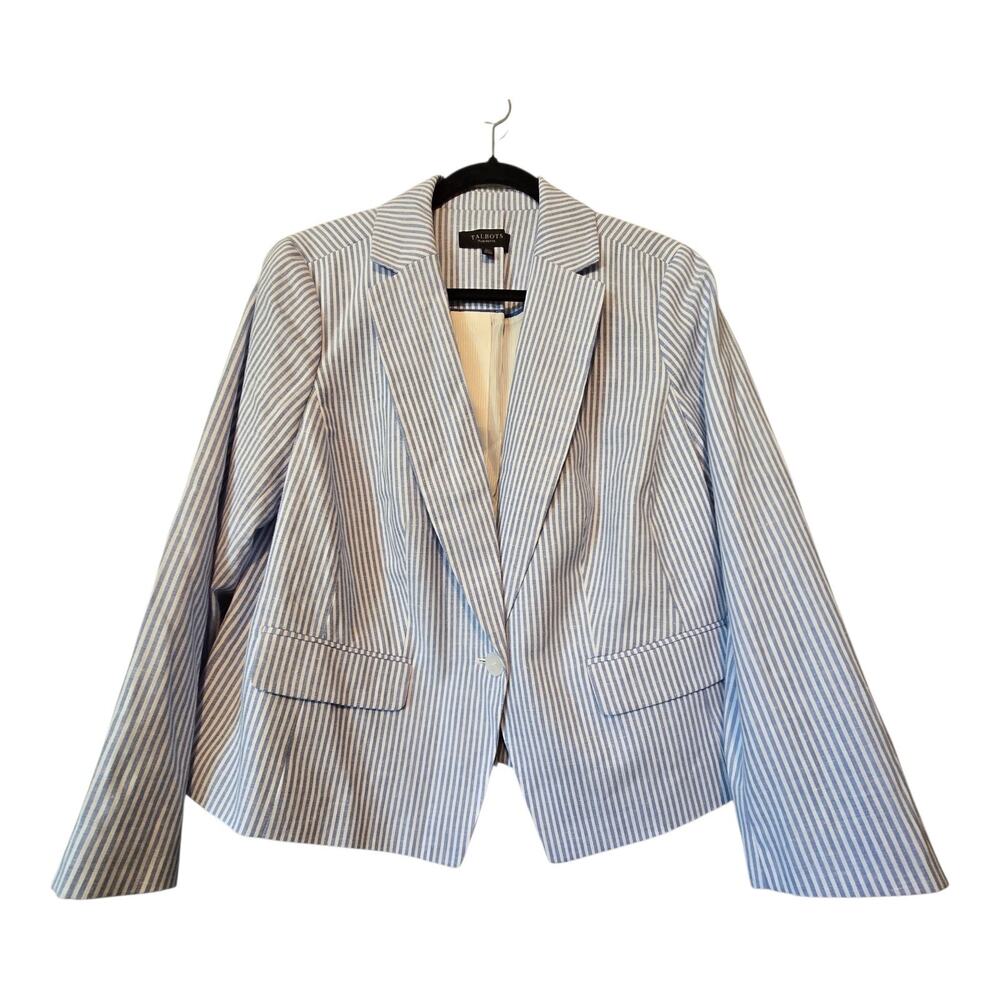 Talbots Linen Stripe‎ Blazer Jacket Womens 16W Petite Blue White Preppy Coastal